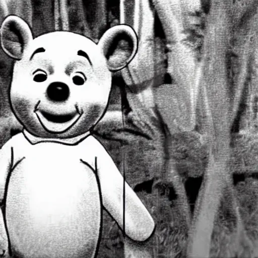 Image similar to found footage of winnie the pooh, creepy, black and white