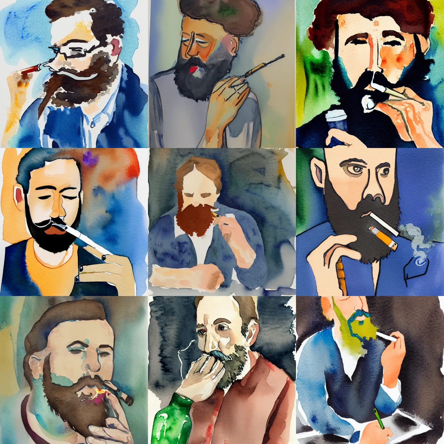 Prompt: watercolor expressionism painting of a writer with a beard sitting, he is smoking a cigarette, he is holding a bottle in his other hand