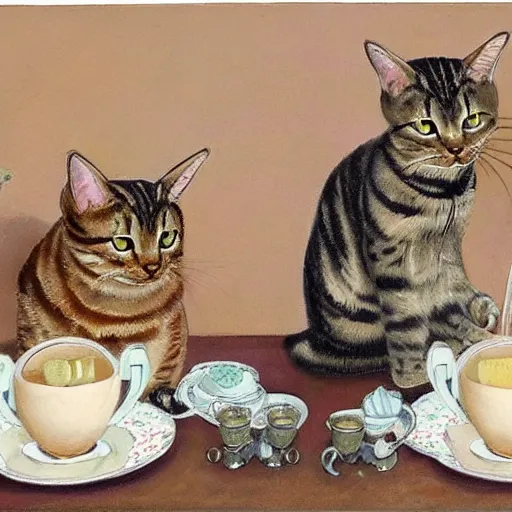 Image similar to three tabby cats attend a fancy english tea party, photorealistic