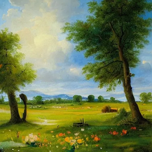 Prompt: This painting has captures the serenity and beauty of a summer day. The sky is a deep blue, and the sun is shining down on the fields of flowers. The colors are very vibrant, and the brushstrokes are very fluid. The overall effect is one of peace and calm. coffee paint, depth of field by Pieter Jansz Saenredam 3d render, eclectic