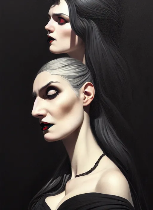 Image similar to portrait of a woman with a crooked nose and a confident expression, 1 9 6 0 s, long hair, black clothes, goth, intricate, elegant, highly detailed, digital painting, artstation, concept art, smooth, sharp focus, illustration, art by wlop, mars ravelo and greg rutkowski