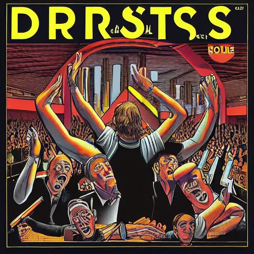 Image similar to Dire Straits playing and the crowd goes wild, cover art by Stephen Bliss, Boxart