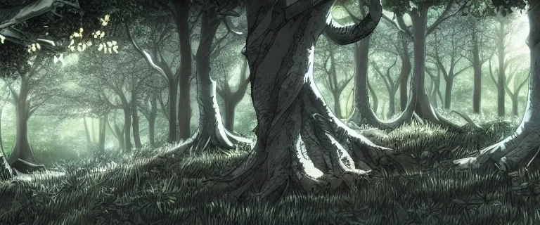 Image similar to detailed exterior of a dark mystical forest, anime key visual