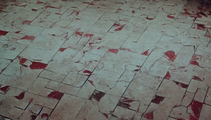 Prompt: 60s movie still of a sovietic stalinist style empty room little mosaic tiles floor a blood trace on a the floor, cinestill 800t 50mm eastmancolor, liminal Space style, heavy grain-s 150