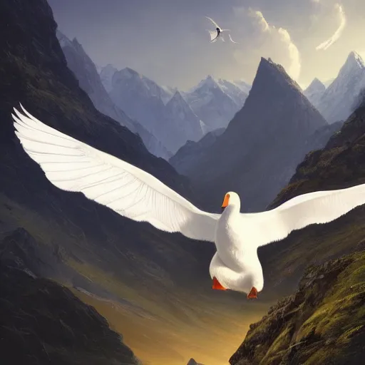 Image similar to Crowd surrounds giant white duck flying over mountains, huge feathery wings, mountain landscape, Himalayas, 4k, trending on Artstation, art by Greg Rutkowski