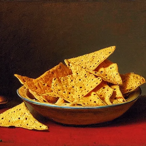 Image similar to Realistic still life of a bowl of doritos, mountain dew, by Fantin-Latour, 1866,