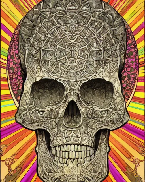 Image similar to Carved ancient skull art surrounded by varities of pineapple, cell shading, voronoi, fibonacci sequence, sacred geometry by Alphonse Mucha, Moebius, hiroshi yoshida, Art Nouveau, colorful, ultradetailed, vivid colour, 3d