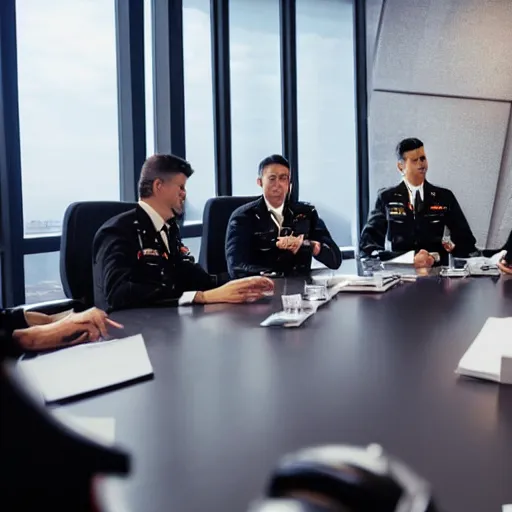 Image similar to a meeting between several futuristic military leaders in a futuristic board room