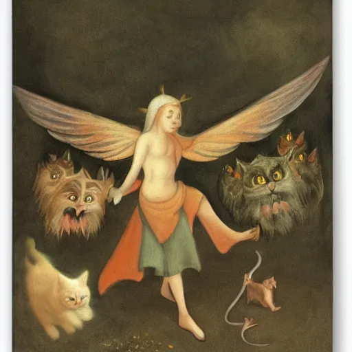 Prompt: an angel leading a crying cat to hell by heironymous bosch