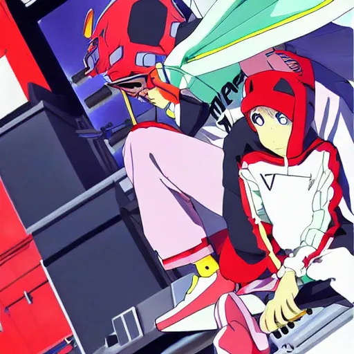 Image similar to gainax anime characters evangelion flcl fooly cooly wearing oversized hoodies balenciaga vetements, official art