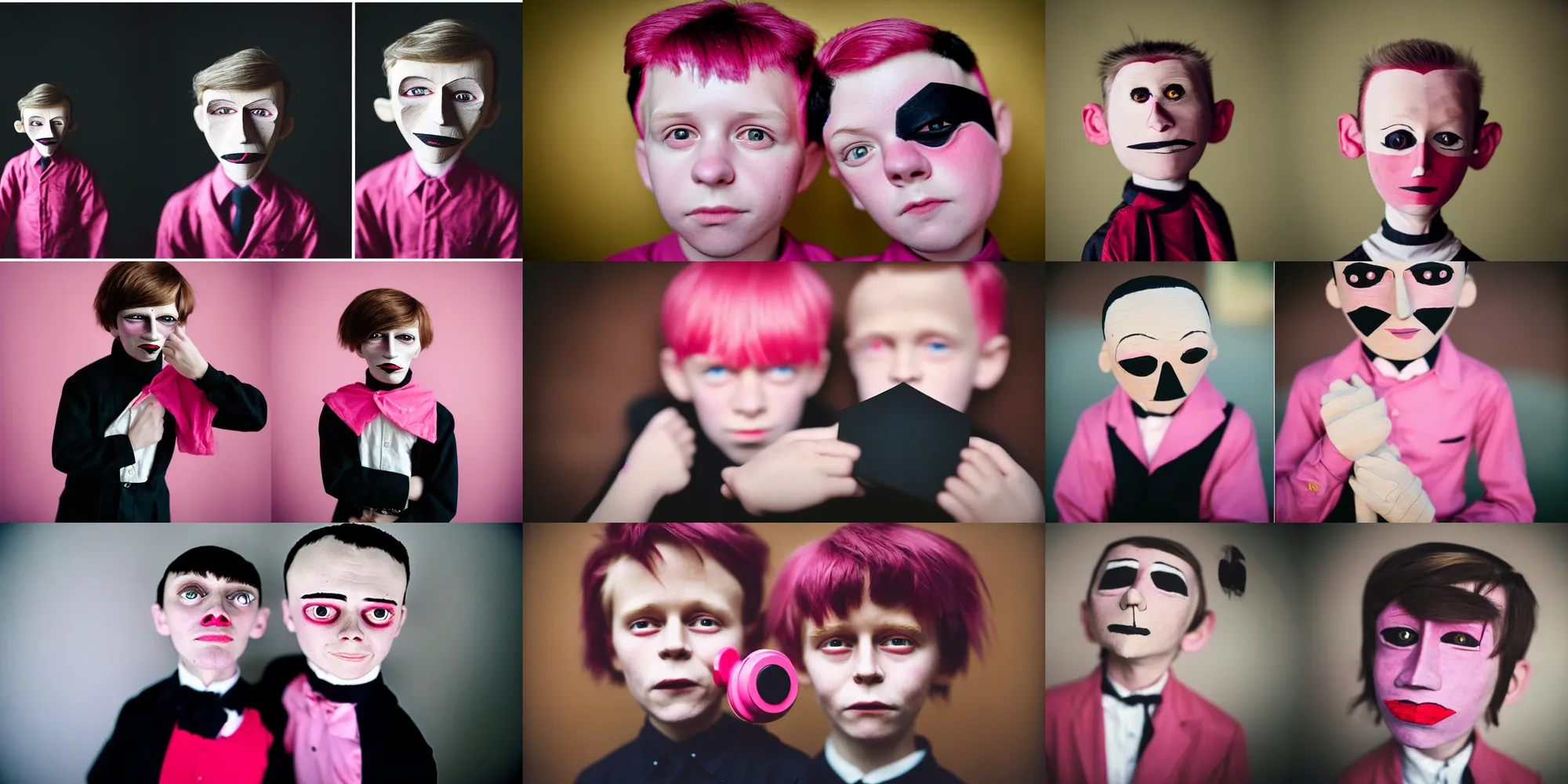 Prompt: kodak portra 4 0 0, 8 k, highly detailed, britt marling style, award winning colour portrait of a half 8 year old evil boy, half wooden puppet, is totally sad and cries, pink. black, motion blur, 1 9 2 0 s hair, 1 9 2 0 cloth style