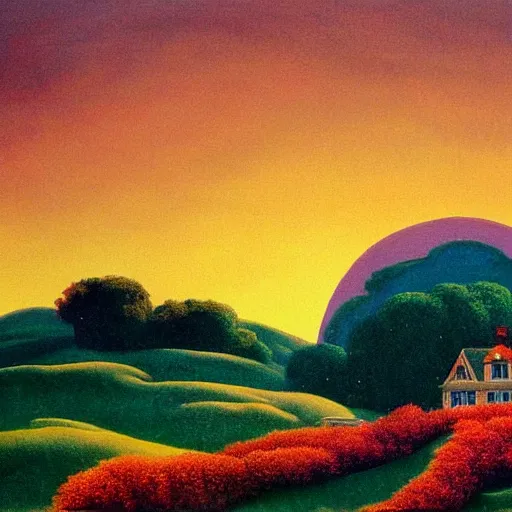 Image similar to a painting of a house on top of a hill with a sunset in the style of Maxfield Parrish