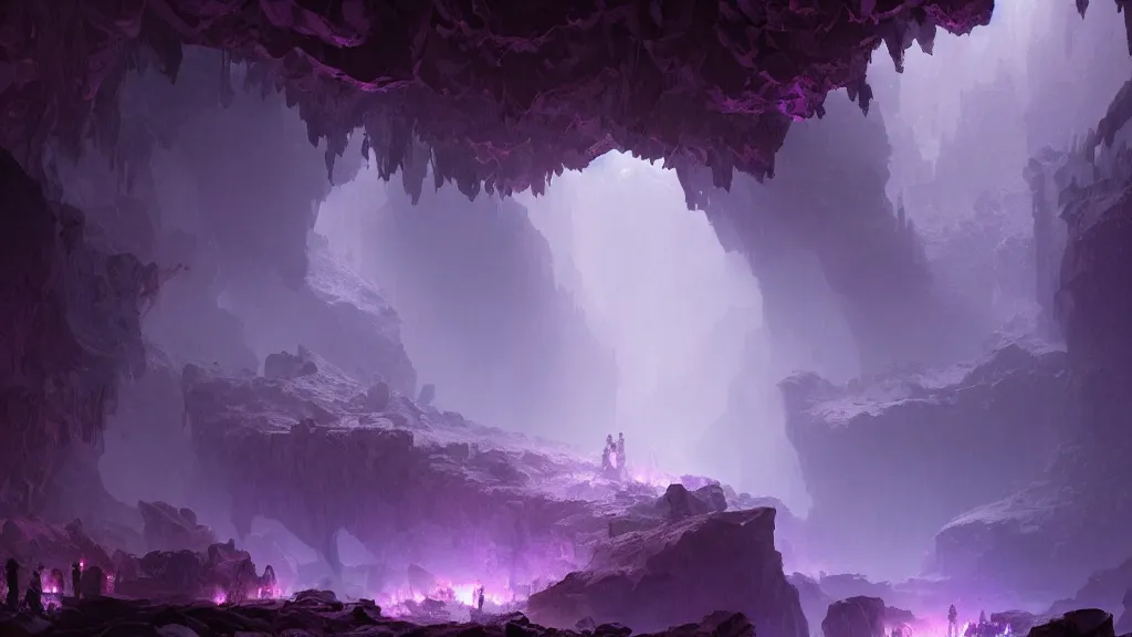 Prompt: A dark cave illuminated by large glowing violet crystal shards and veins, by greg rutkowski and thomas kinkade, ambient light, ultra detailed, 8k, trending on artstation, award winning, beautiful scenery.