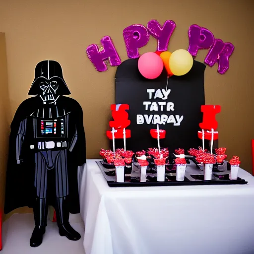 Prompt: birthday party photos of darth vader