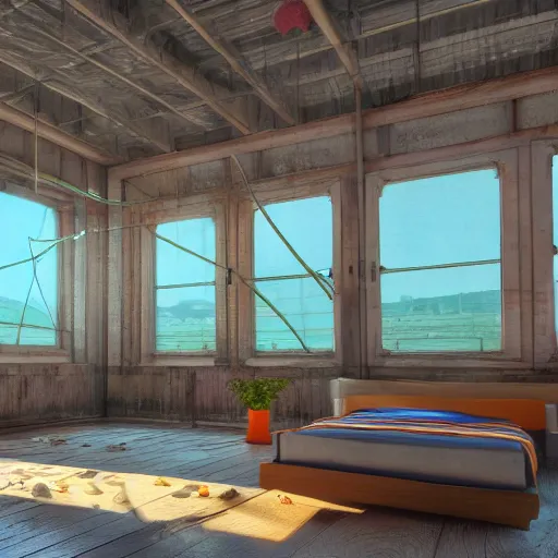 Prompt: a relaxing room in a tuna cannery, high quality, 8 k, architecture, symmetrical, harmonious, complementary colors, calm, high coherence, natural lighting, path traced, highly detailed, hyperrealistic, concept art, octane render, unreal engine 5, trending on artstation, beautiful, elegant