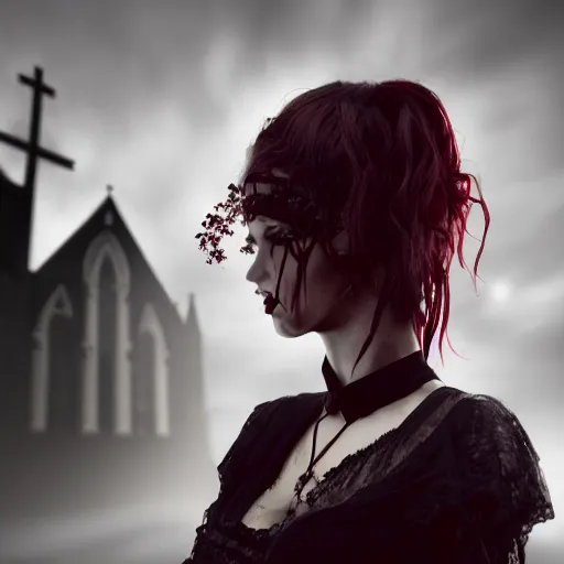 Image similar to stunning Gothic shameless woman with impudent facial expression in shadow of church cross, elegant, dark and mysterious, atmospheric, red, ominous, eerie, cinematic, Epic, 8k, 4k, ultra detail, ultra realistic, rendered by awesomeness illustration