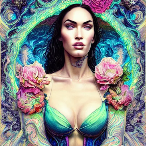 Image similar to portrait of megan fox, hyper detailed masterpiece, neon floral pattern, jean giraud, digital art painting, darkwave goth aesthetic, psychedelic, artgerm, donato giancola and tom bagshaw