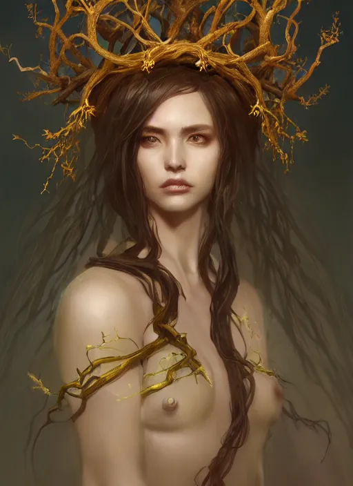 Image similar to Half-body portrait of a beautiful dryad high priestess queen with golden vine crown and white robes. In style of Hyung-tae Kim and Greg Rutkowski, concept art, trending on ArtStation, Korean MMORPG, over-detailed art, 8K, epic, dynamic lightning, dramatic pose.