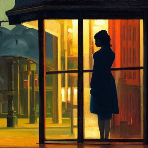 Image similar to silhouette of Elle Fanning in the world of Edward Hopper, stormy weather, extremely detailed masterpiece, oil on canvas, low-key neon lighting, artstation, Blade Runner 2049, Roger Deakin’s cinematography, by J. C. Leyendecker and Peter Paul Rubens,