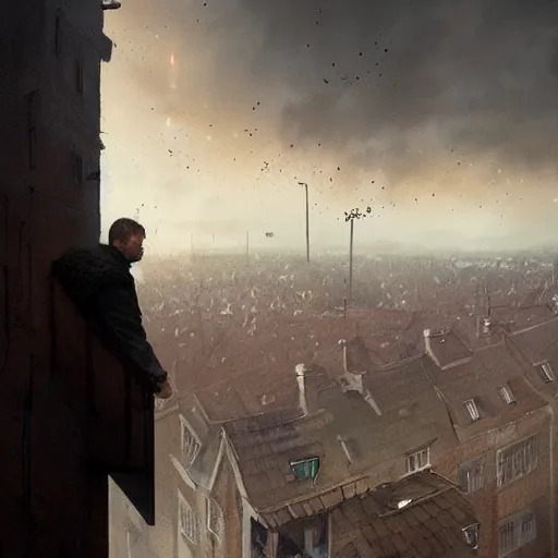 Image similar to Depressed politician looks out of the window from his tower block and sees the crowds rioting | painting by Greg Rutkowski