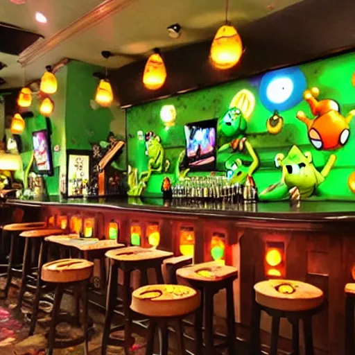 Prompt: cute frog themed bar, pokemon anime scene,