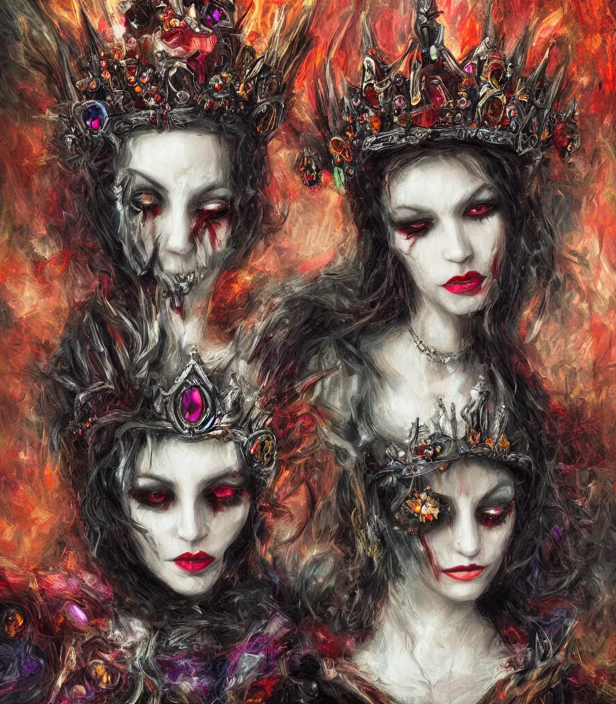 Image similar to empress of the nightmare realm vampire queen jeweled crown, exquisite oil painting, chromatic aberration