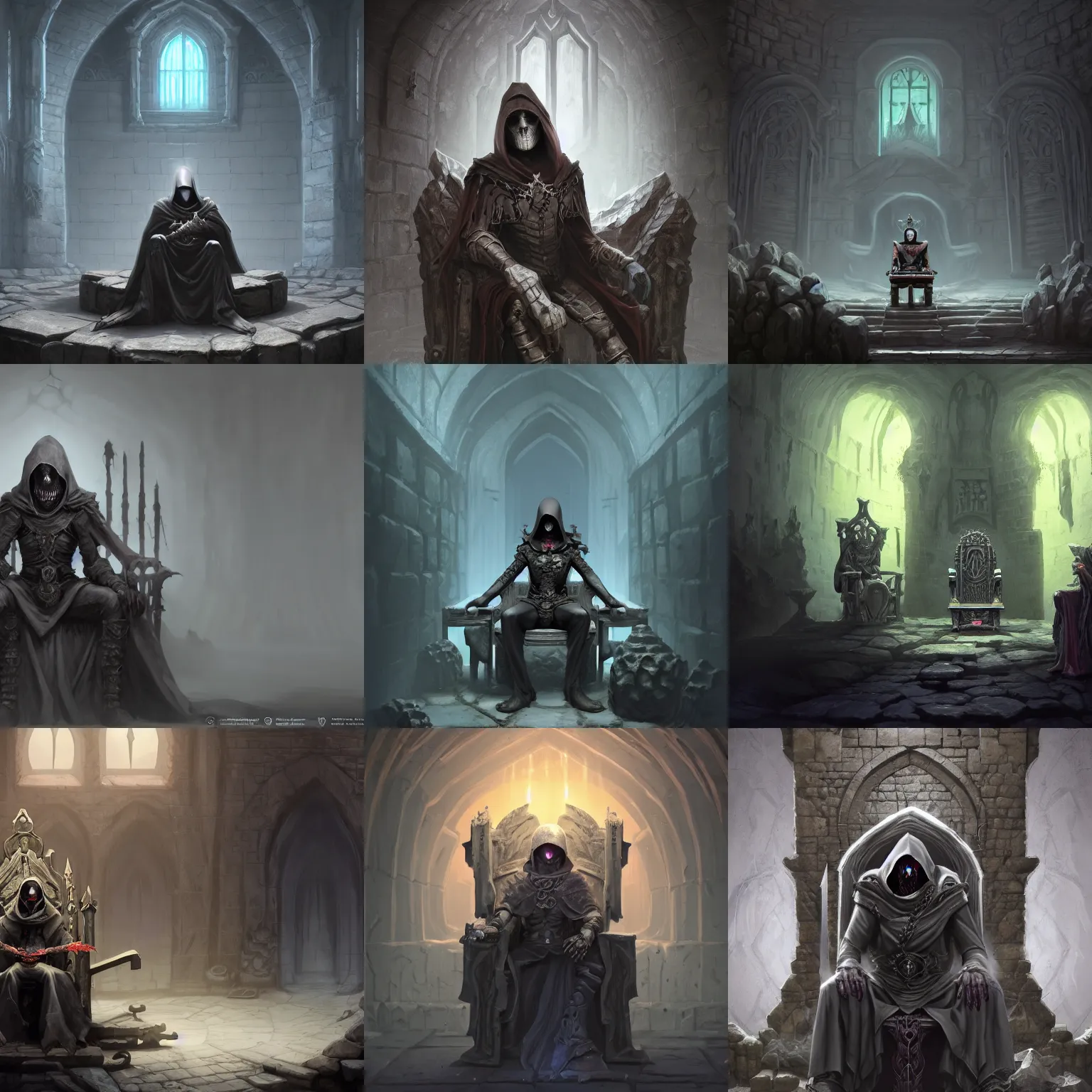 Prompt: necromancer sitting on a throne inside dungeon crypt, wearing a dark hood and completely blank mask, gray stone wall behind him by Stanley Artgerm Lau, WLOP, Rossdraws, James Jean, Andrei Riabovitchev, Marc Simonetti, and Sakimichan, Unreal Engine, 4k, trending on Artstation