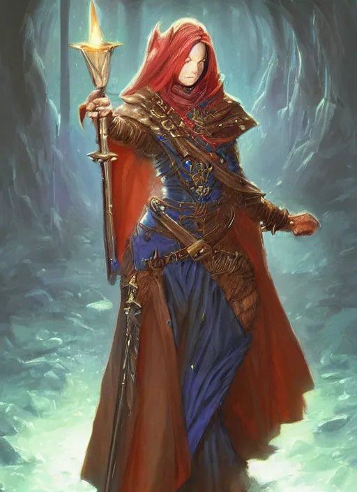 Image similar to dark blue cloak female priest, ultra detailed fantasy, dndbeyond, bright, colourful, realistic, dnd character portrait, full body, pathfinder, pinterest, art by ralph horsley, dnd, rpg, lotr game design fanart by concept art, behance hd, artstation, deviantart, hdr render in unreal engine 5