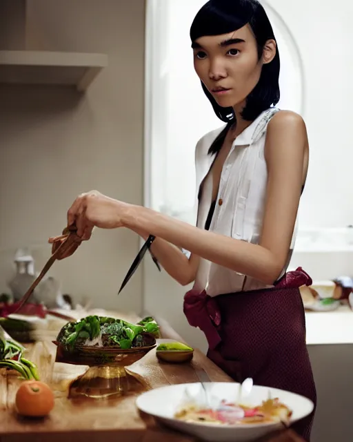 Image similar to wide shot photoshoot of tao okamoto preparing a meal, 8 k, photorealistic