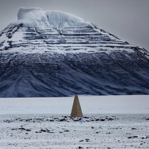 Image similar to a artic desert with snow capped mountains and a floating obelisk. overcast sky, grainy, snowing.