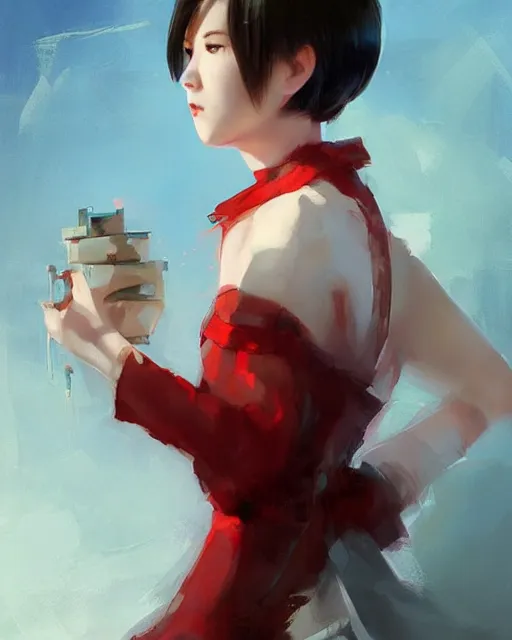 Image similar to elegant ada wong in a red cottagecore dress, portrait, illustration, rim light, top light, summer clear blue sky, perfectly shaded, soft painting, art by krenz cushart and wenjun lin