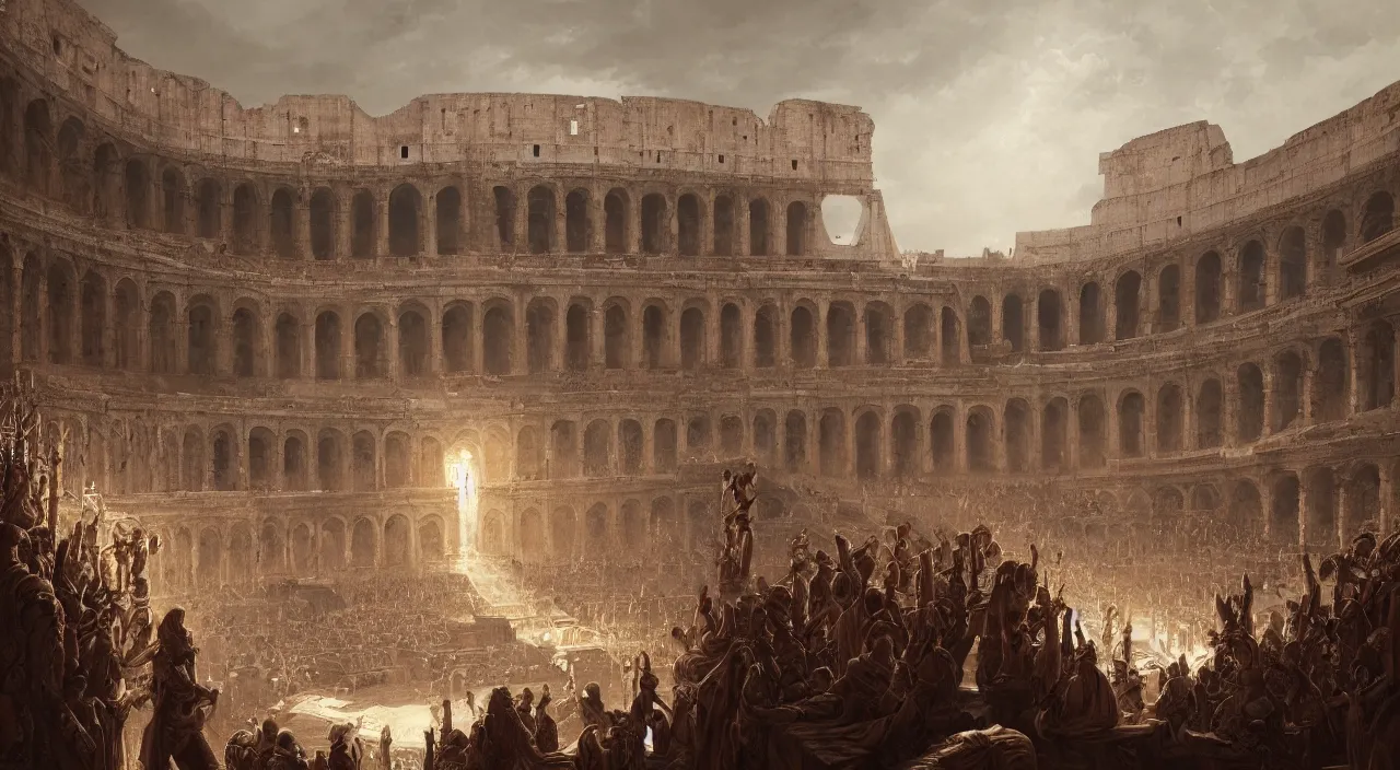 Image similar to naomaquia at the coliseum during the kingdom of Julius Caesar, roman historic works, hyper-detailed, artstation trending, world renowned artists, historic artworks society, antique renewel, cgsociety, by greg rutkowski, by Gustave Dore, Deviantart