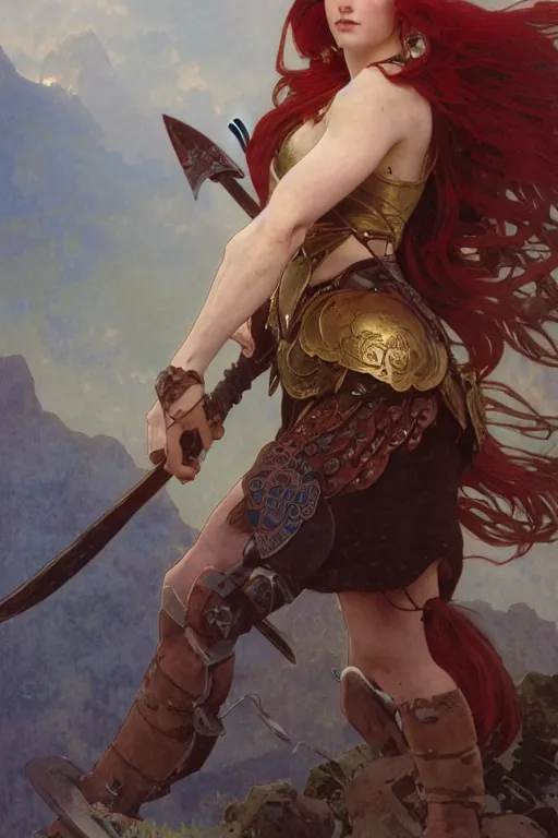 Image similar to half body matte portrait of a red haired valkyry in a heroic pose and wearing thick bronze plate armor at the top of a mountain holding a spear made of lightning, art by albert bierstadt, alphonse mucha, andreas rocha, greg rutkowski, sharp edges. ultra clear detailed. 8 k. elegant. octane render