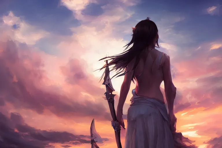 Prompt: back shot of one single beautiful girl, holding two swords, digital art by wlop. artstation contest winner, cinematic paint. lower shot. dramatic cloud in background. sunset