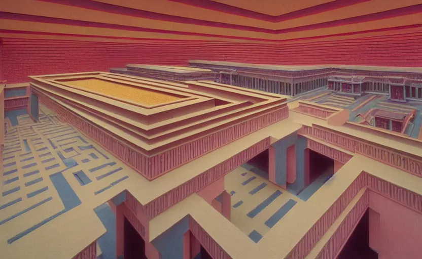 Image similar to huge sprawling gargantuan angular dimension of infinite indoor landscape japanese furniture with asian ceremonial temple. surrealism, mallsoft, vaporwave. muted colours, 8 0 s japanese interior design, shot from above, endless, neverending epic scale by escher and ricardo bofill