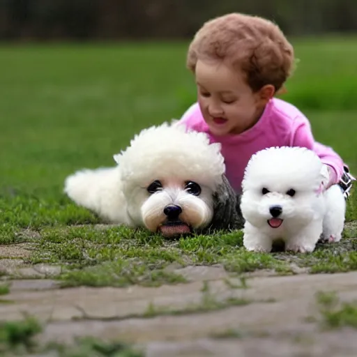 Prompt: bichon puppy playing with a baby platypus