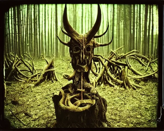 Prompt: Ancient cultic ritual totem made of horns and thorns disposable camera photo, polaroid, forest, horror movie