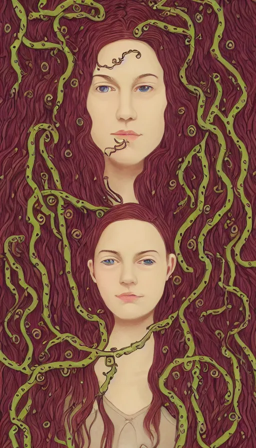 Image similar to very detailed portrait of a 2 0 years old girl surrounded by tentacles, the youg woman visage is blooming from fractal and vines, by wes anderson,