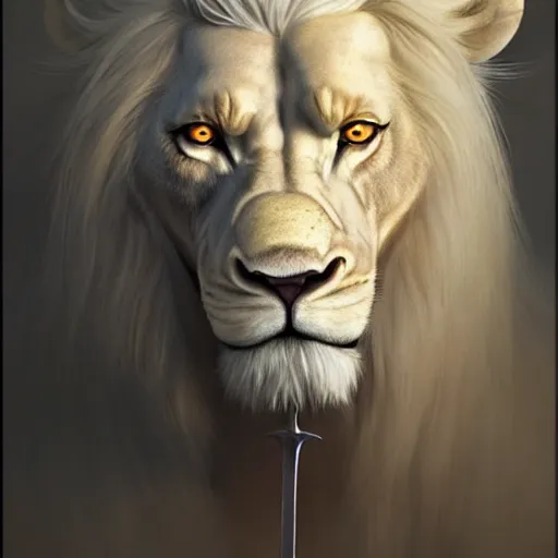 Prompt: a male anthropomorphic albino lion holding a sword,digital art,art by greg rutkowski,trevor henderson,ross tran,photorealistic,hyperdetailes,highly realistic,natural lighting,deviantart,artstation,dramatic,cinematic,4k