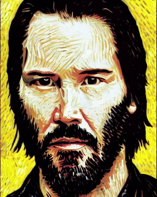 Prompt: Keanu Reeves as Neo in the style of van gogh self portrait, face, detailed, sharp focus