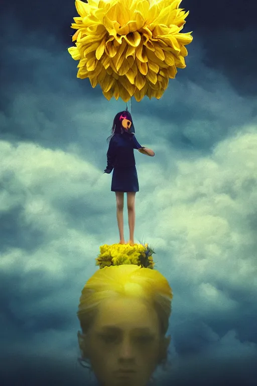 Image similar to closeup girl with huge yellow dahlia flower face, intricate, standing on mountain, surreal photography, blue storm clouds, dramatic light, impressionist painting, digital painting, artstation, simon stalenhag