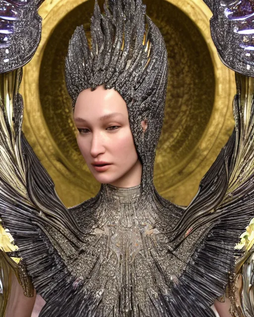 Image similar to a highly detailed metahuman 4 k close up render of a bella hadid as archangel monument renaissance in iris van herpen dress schiaparelli in diamonds crystals swarovski and jewelry iridescent in style of alphonse mucha gustav klimt trending on artstation made in unreal engine 4