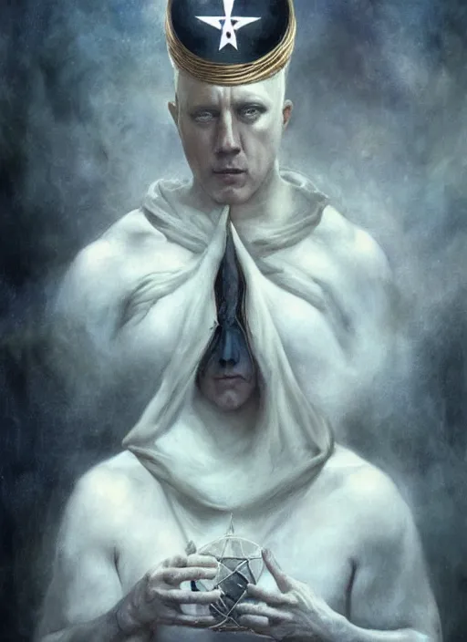 Prompt: channing tatum as aleister crowley the grand mage of thelema. art by tom bagshaw and greg danton