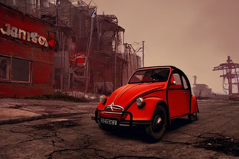 Image similar to red and black citroen 2 cv ( 1 9 6 5 ) driving across the wastelands of fallout 4, dramatic lighting, establishing shot, by simon stalenhag