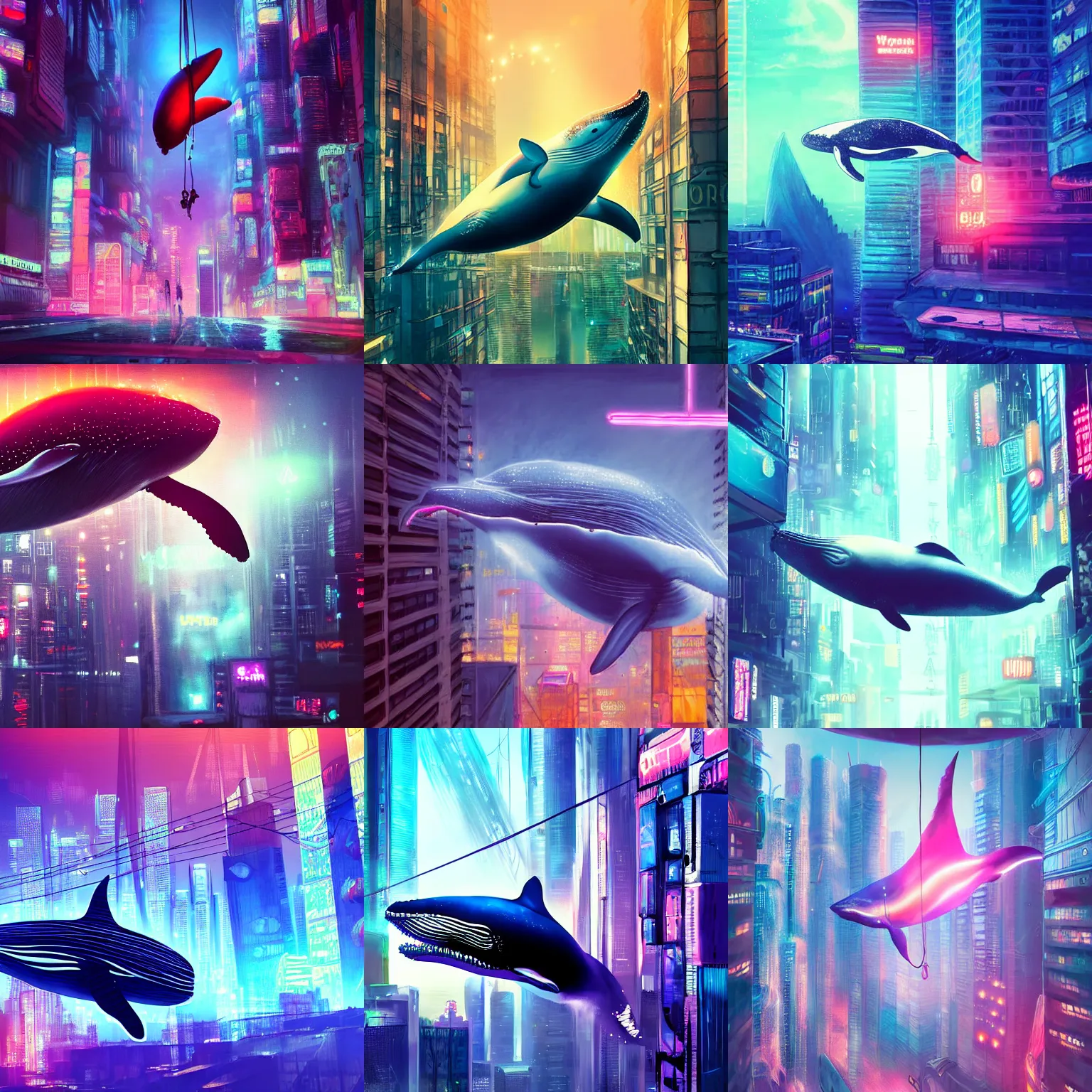 Prompt: a beautiful painting of a whale suspended in mid air near a skycraper, cyberpunk city, neon lights, cinematic shot, volumetric light, detailed, epic