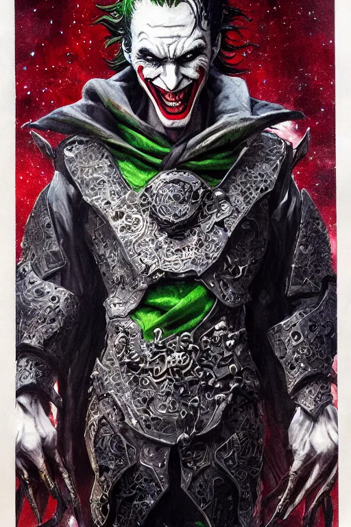 Prompt: full body concept art of Joker wearing samurai armor made with porcelain by Jeff Easley and Peter Elson + beautiful eyes, beautiful face + symmetry face + galaxy + gothic, surreal, dread + highly detailed, intricate complexity, epic composition, magical atmosphere + masterpiece, award winning + trending on artstation