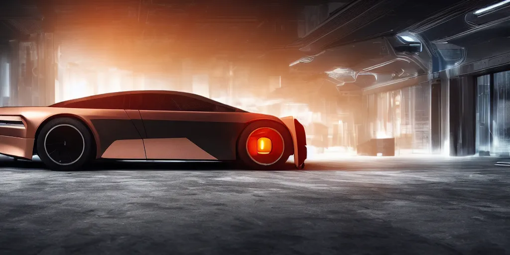 Image similar to a design of a futuristic DMC Delorian, designed by Polestar, blade runner background, back view, light copper car paint, black windows, sportscar, black show room, dramatic lighting, octane rendering, unreal engine rendering, hyper realistic render, depth of field, octane rendering