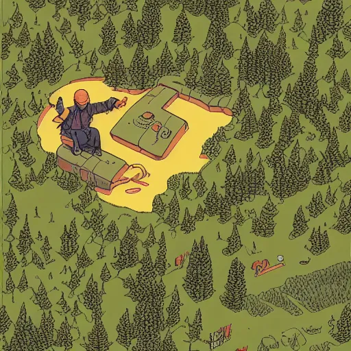 Prompt: aerial isometric view illustration of single hooded explorer in middle of lush forest , highly detailed, sunset, by , Max Prentis, Moebius, Laurie Greasley