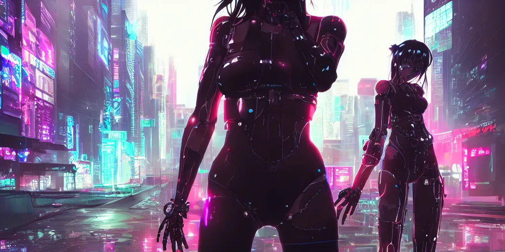 Prompt: full digital cyberpunk anime!!, shattered cyborg - girl in the style of arcane!!!, lightning, raining!!, water refractions!!, black long hair!, biomechanical details, neon background lighting, reflections, wlop, ilya kuvshinov, artgerm
