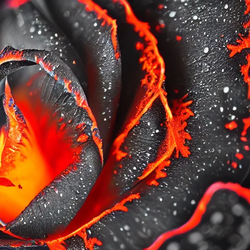 Image similar to award - winning macro of a beautiful black rose made of glowing molten magma